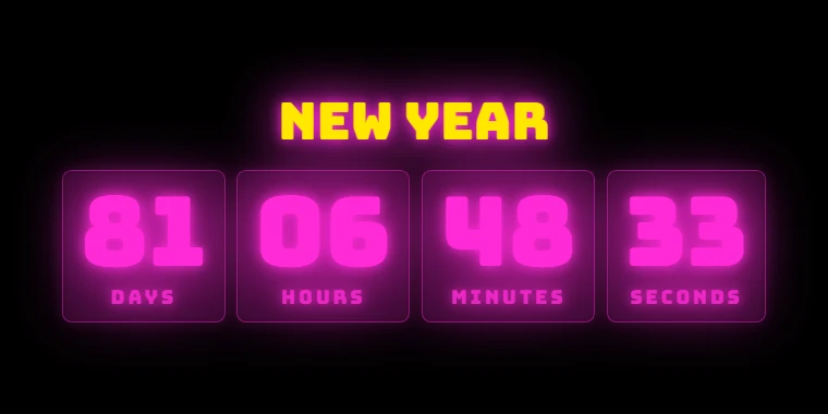 A neon countdown titled NEW YEAR, with pink glowing blocks for days, hours, minutes and seconds