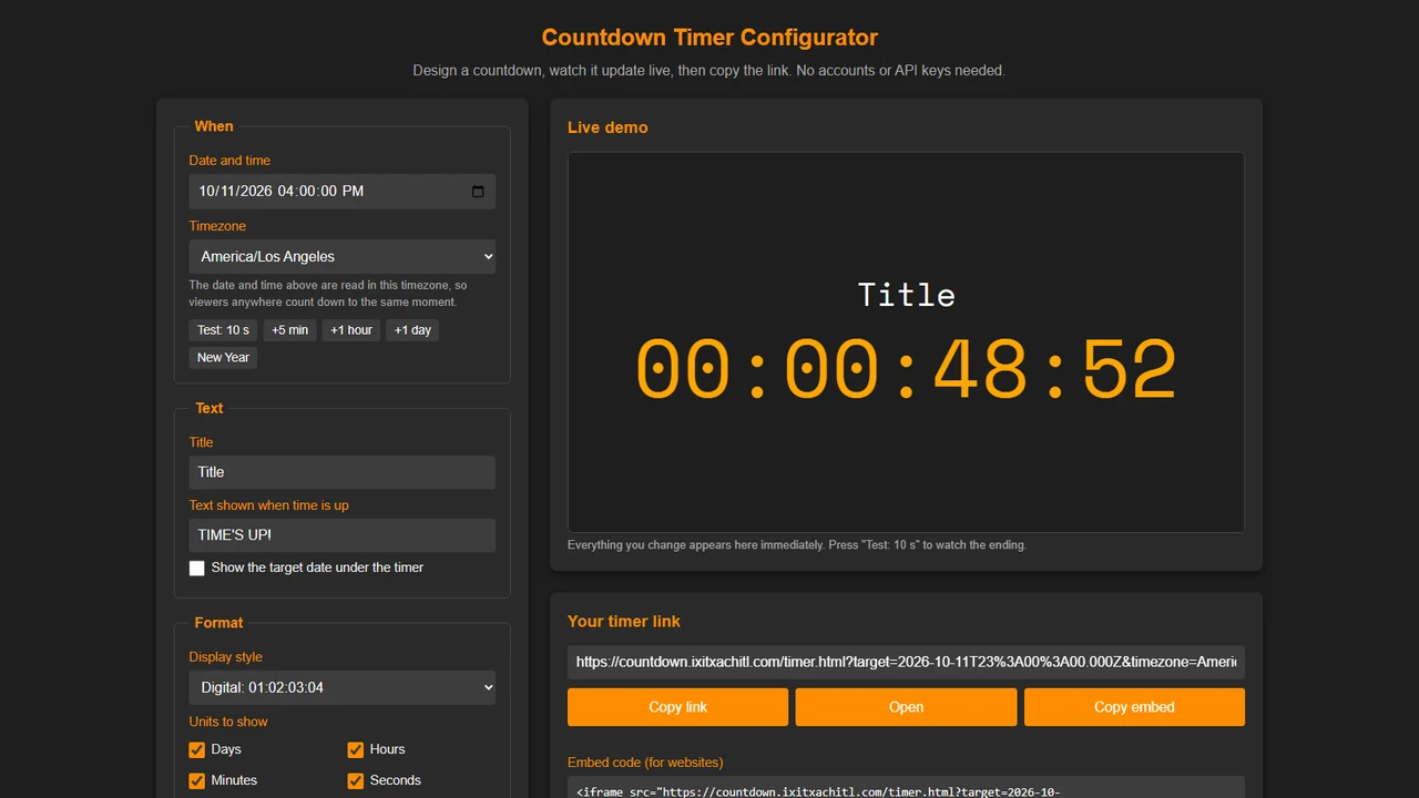 The Countdown Timer Configurator: settings for date, timezone, title and format on the left, and a live demo of the timer on the right