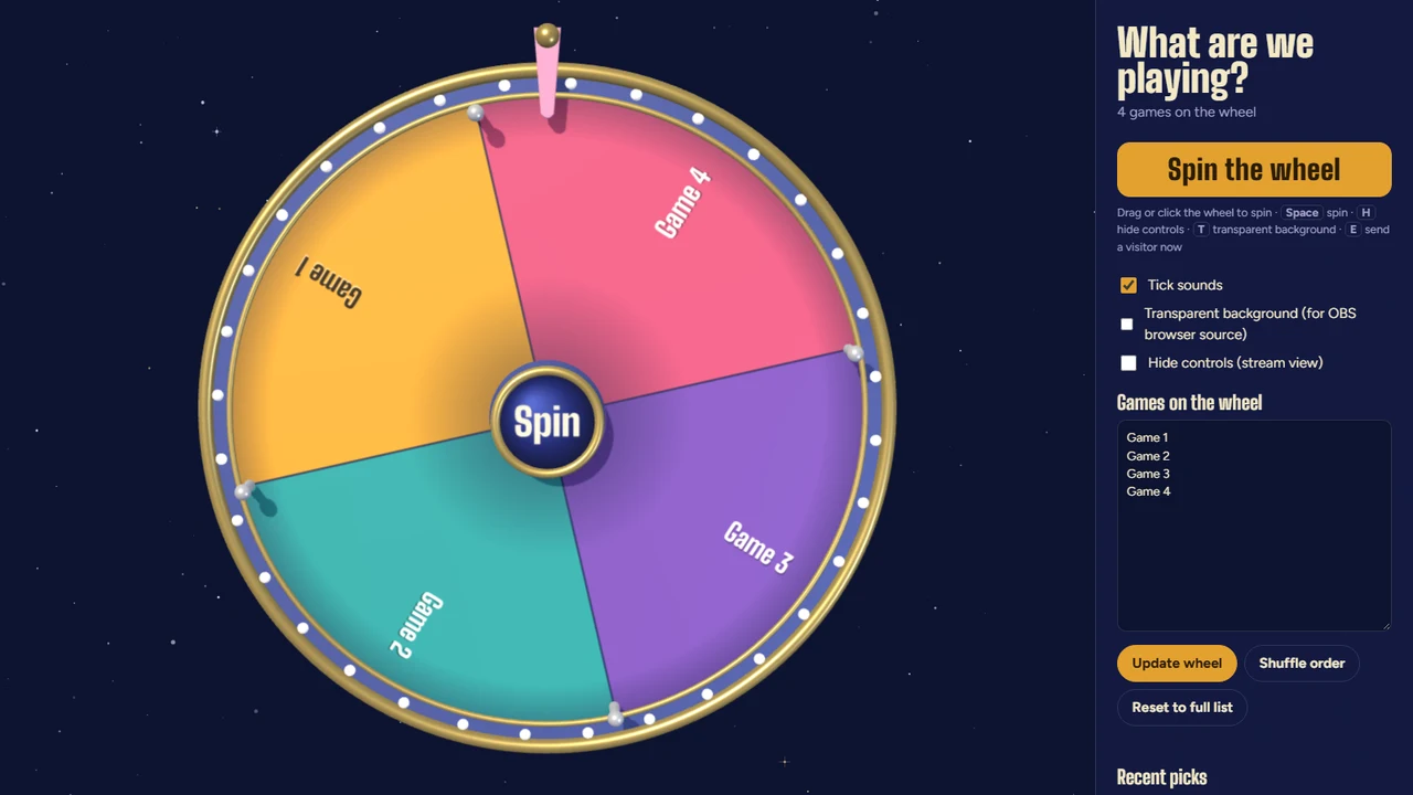 A colorful spinning prize wheel on a starry night background with a games list beside it