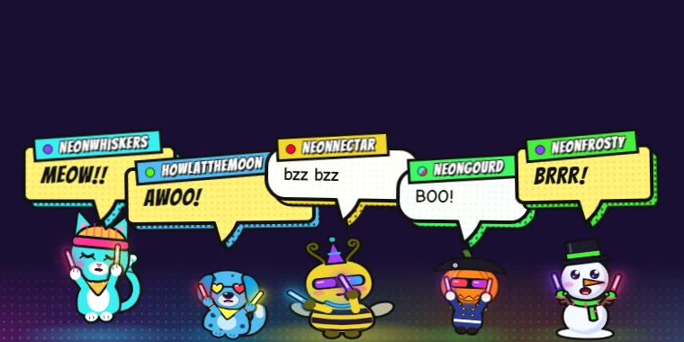 A cat, a spotted dog, a bee in shades, a jack-o'-lantern and a snowman in a top hat dance with glowsticks, shouting MEOW!!, AWOO!, bzz bzz, BOO! and BRRR! in comic bubbles