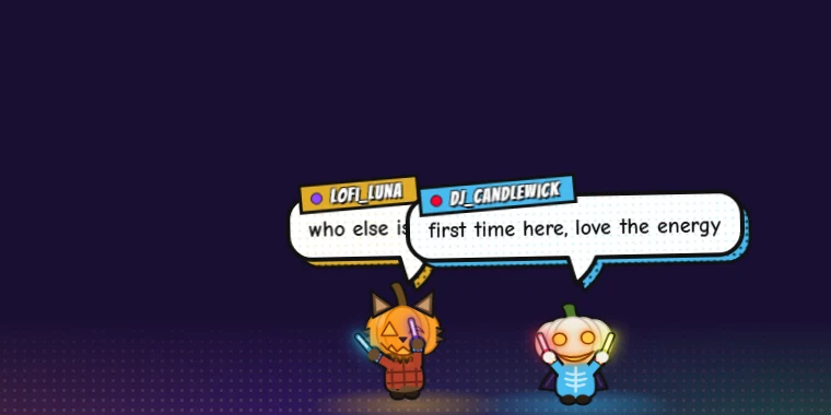 Two costumed jack-o'-lanterns, one dressed as a cat and one as a skeleton, dance with glowsticks under chat speech bubbles