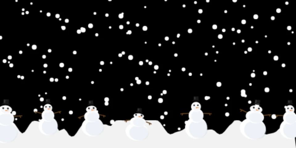 Snow falls on a black background and has piled up along the bottom, where a row of snowmen in top hats stand in the drift